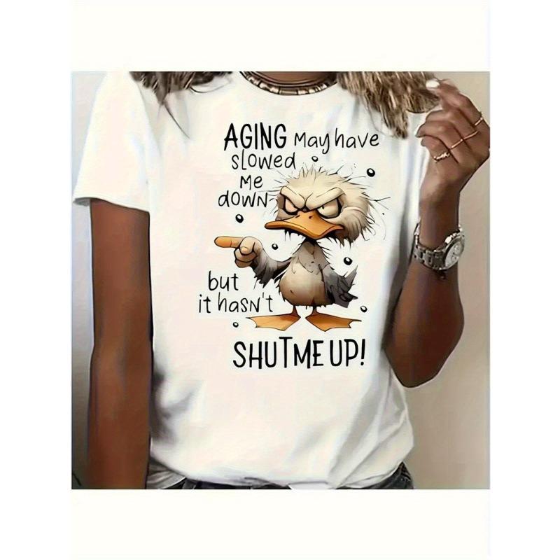 

European sizes Women S Casual T-Shirt - Funny Duck Anime Print Old Age Has Slowed Me Design, Soft Breathable Round Neck Short Sleeve Top 4XL