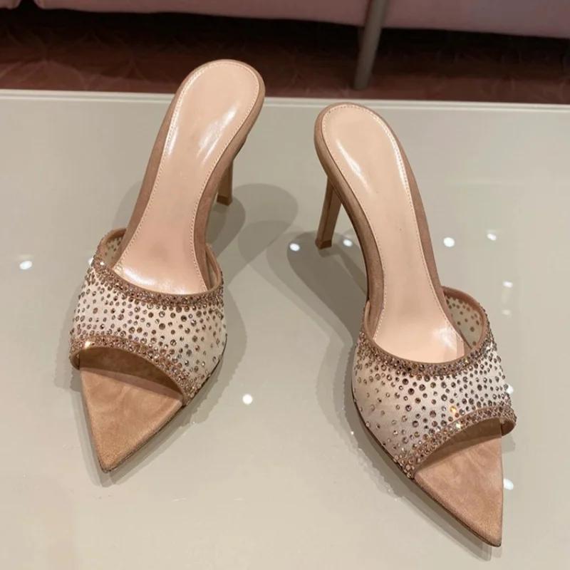 

Французские женские летние уличные шлепанцы 2025 Новые туфли-стилеты на высоком каблуке с острым носком и открытым носком 42