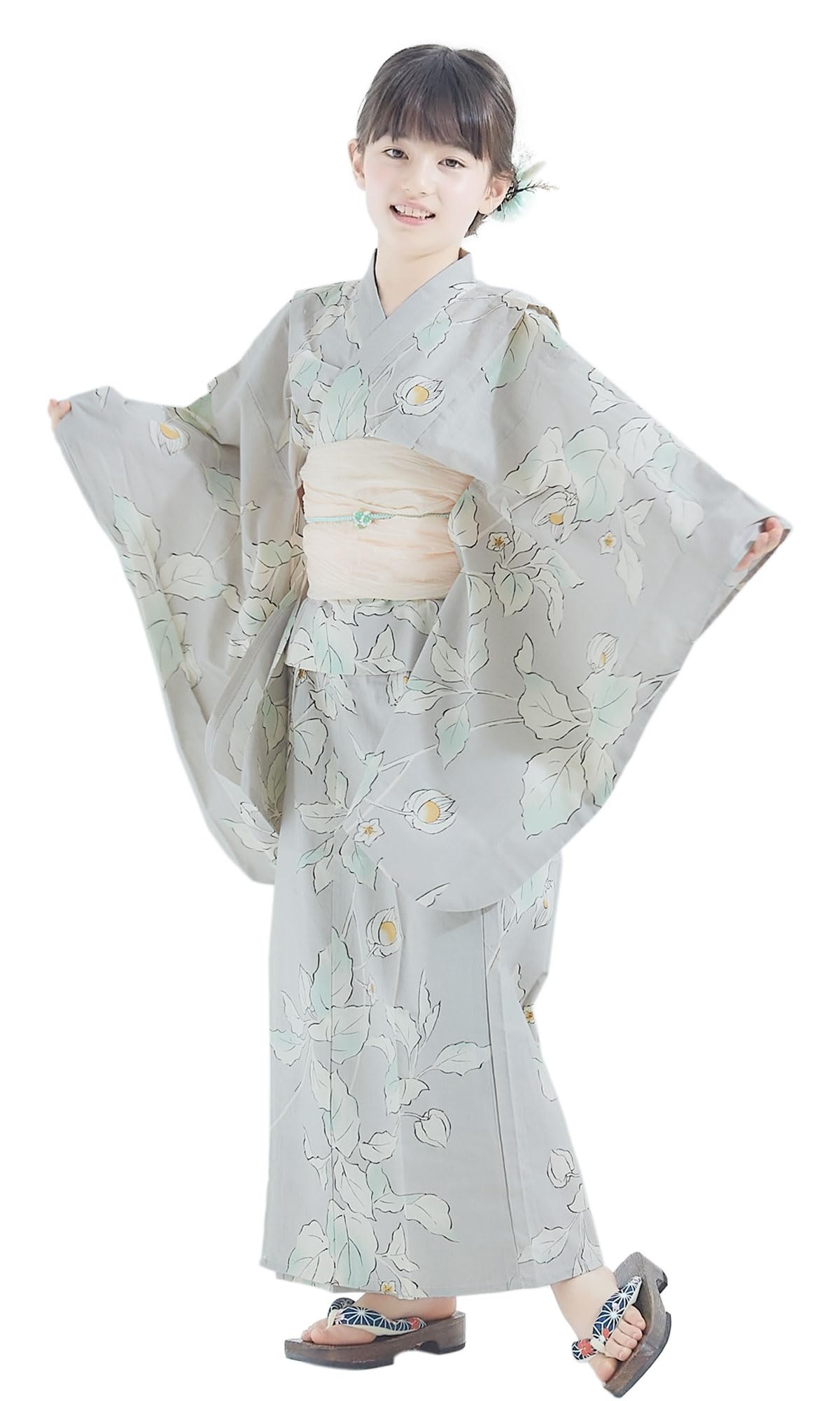 

NISHIORI Yukata Set for Available in 6 Colors and 3 Sizes Includes a Wrinkled Heko and Geta in Trendy Muted Colors Children s Girls, 3-Piece Set, бежевый