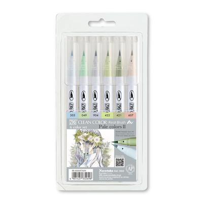 Kuretake Brush Pens ZIG Clean Color Real Brush 6-Color Set Cool Pale Shades RB-6000AT/6VH
