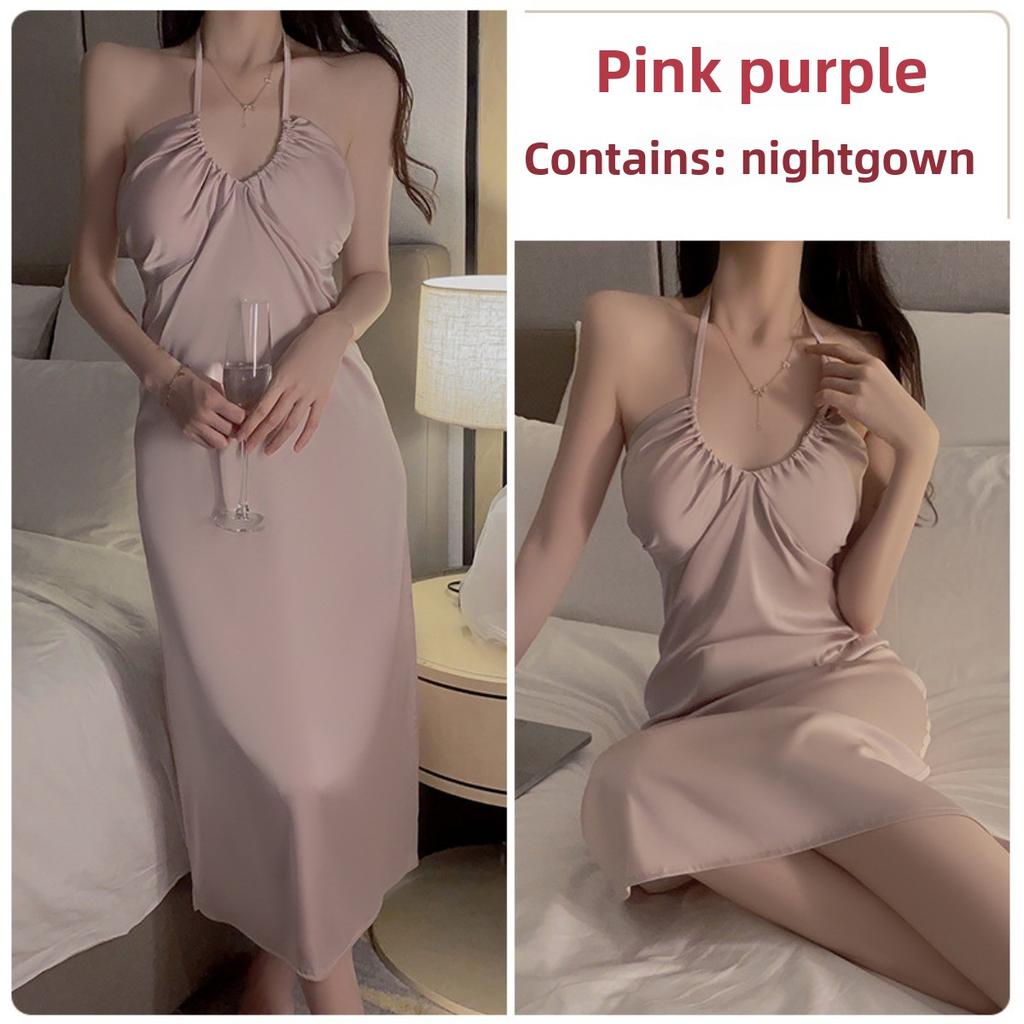 Satin Drawstring U-neck Plus Chest Pad Slim and Thin Suspender Nightdress Mesh Robe Loungewear Set
