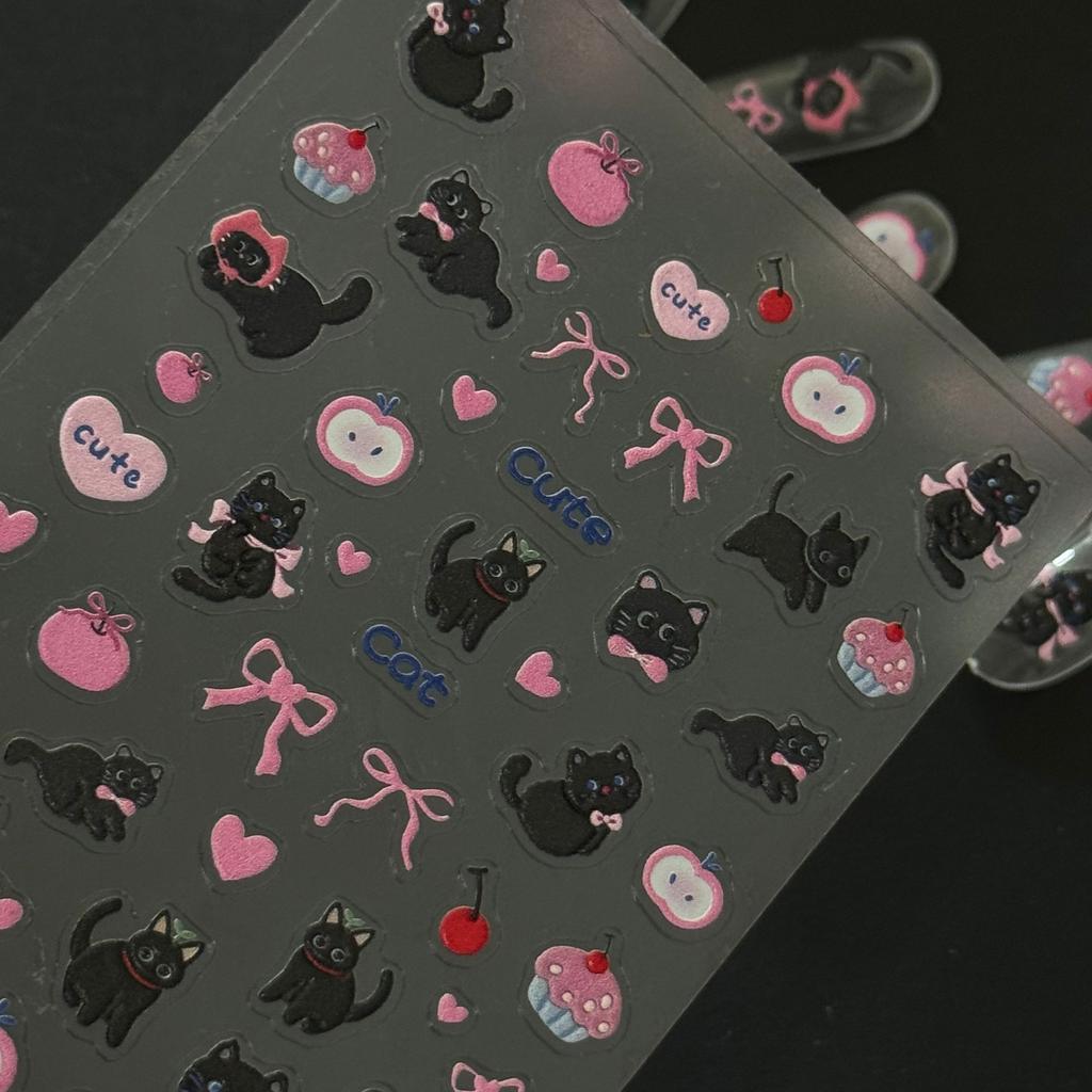 5D Embossed Black Cat & Pink Bow Themed Nail Decals - Sweet Cupcake and Apple Aesthetics, for Cat Lovers- Adorable Accessorize for Nails