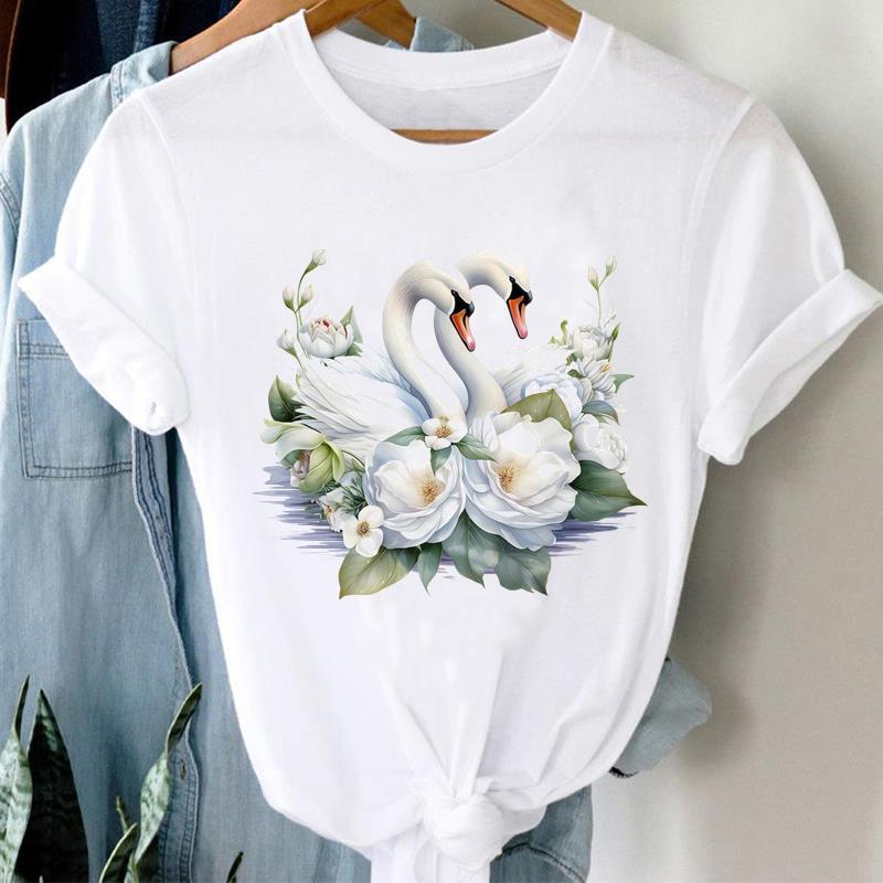 (Asian Size) Love Heart Flower Clothing Lady O-neck Short Sleeve T-shirts Printed Female Top Casual T Shirt Fashion Women Graphic Tee
