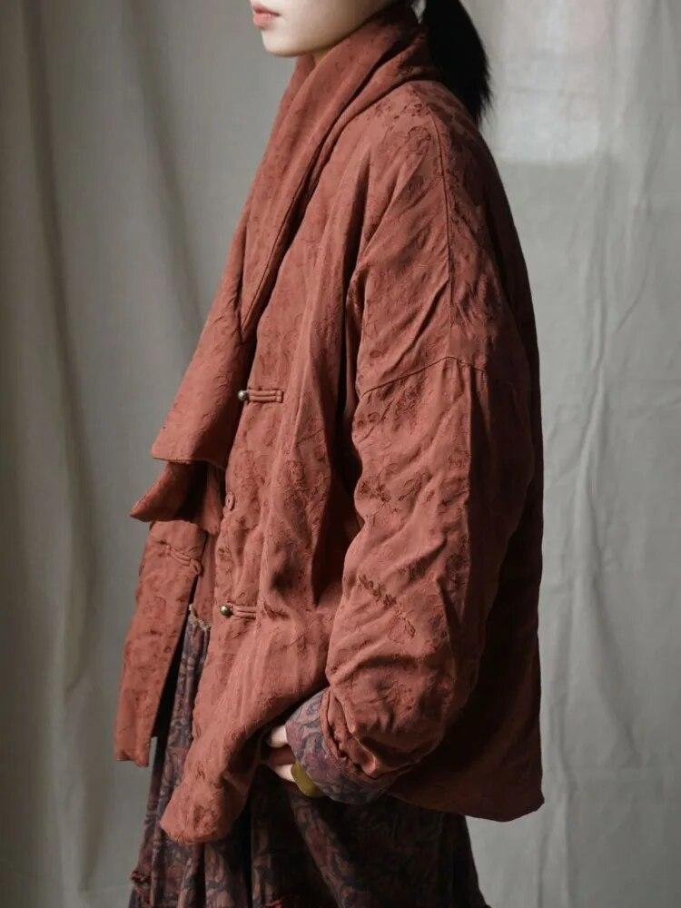 Johnature Frauen Vintage Jacquard Floral Plus Baumwolle Parkas Taste Langarm Schal Kragen Mantel Winter Chinesischen Stil Parkas