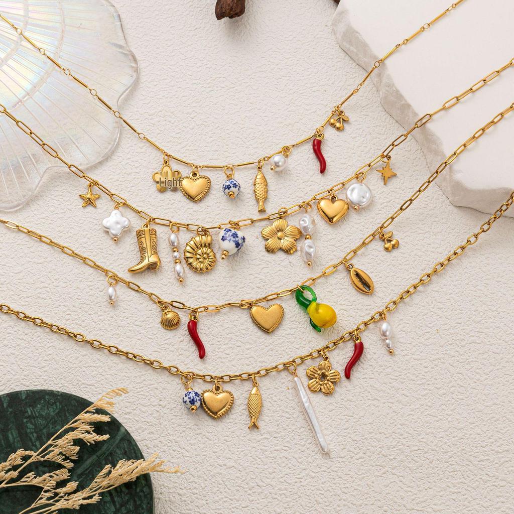 European and American Style Multi-Pendant Pearl & Stainless Steel Necklace with Small Fish, Chili, and Heart Ocean Style Choker