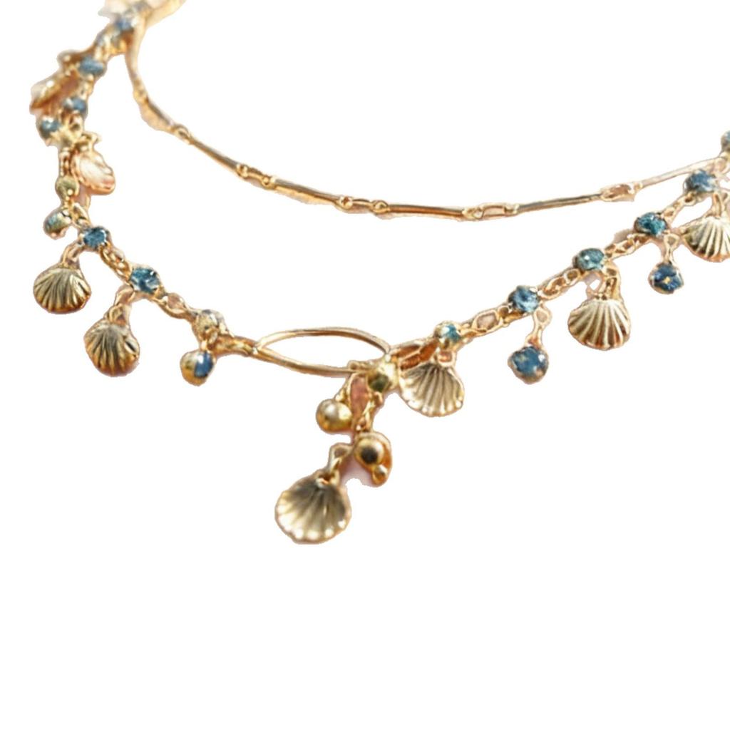 Retro Perlen- und Quasten-Choker-Halskette mit blauer Diamant-Schichtung - Modischer Strand-Schlüsselbein-Schmuck für Damen