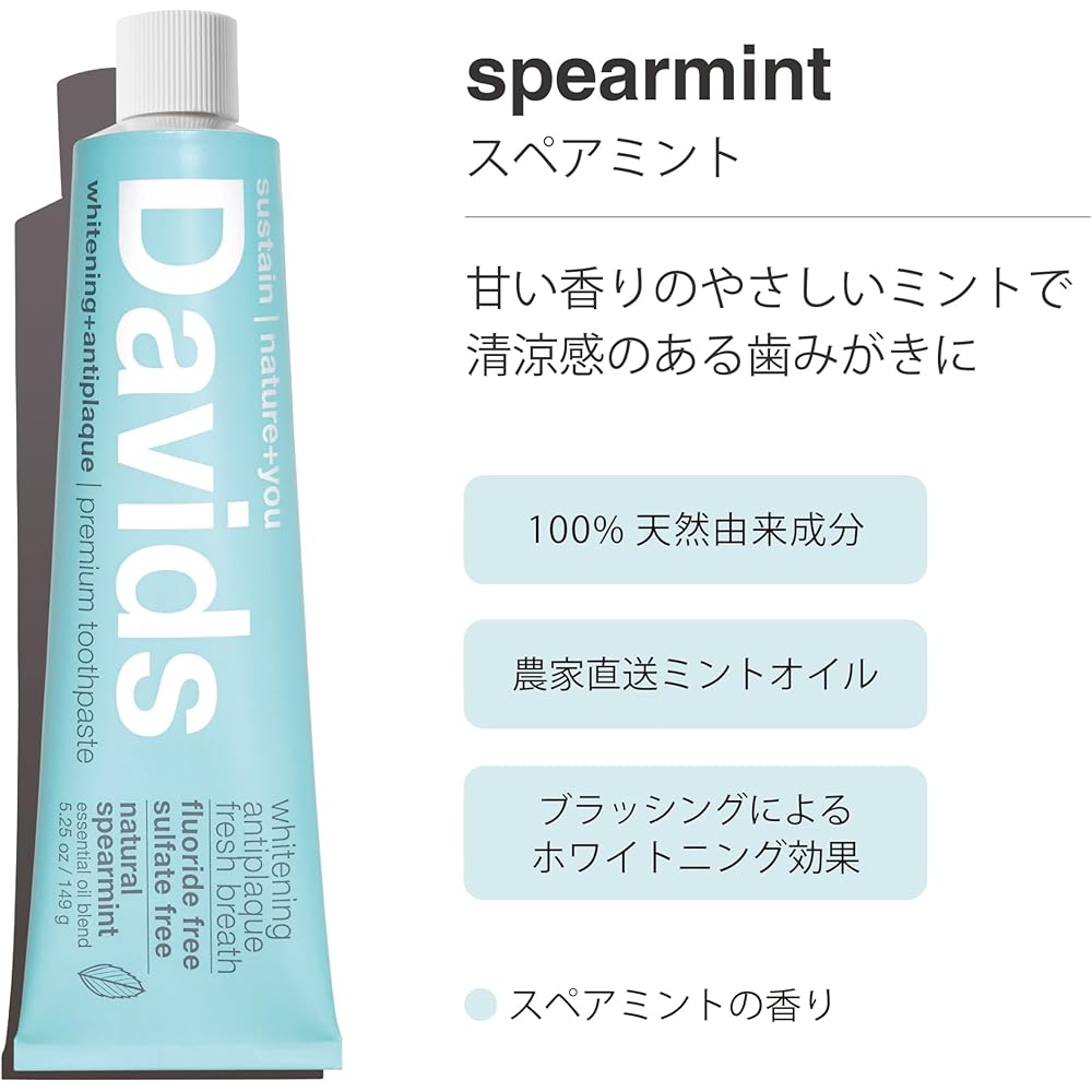 Davids Whitening Toothpaste Spearmint 149g Natural Ingredients Oral Care