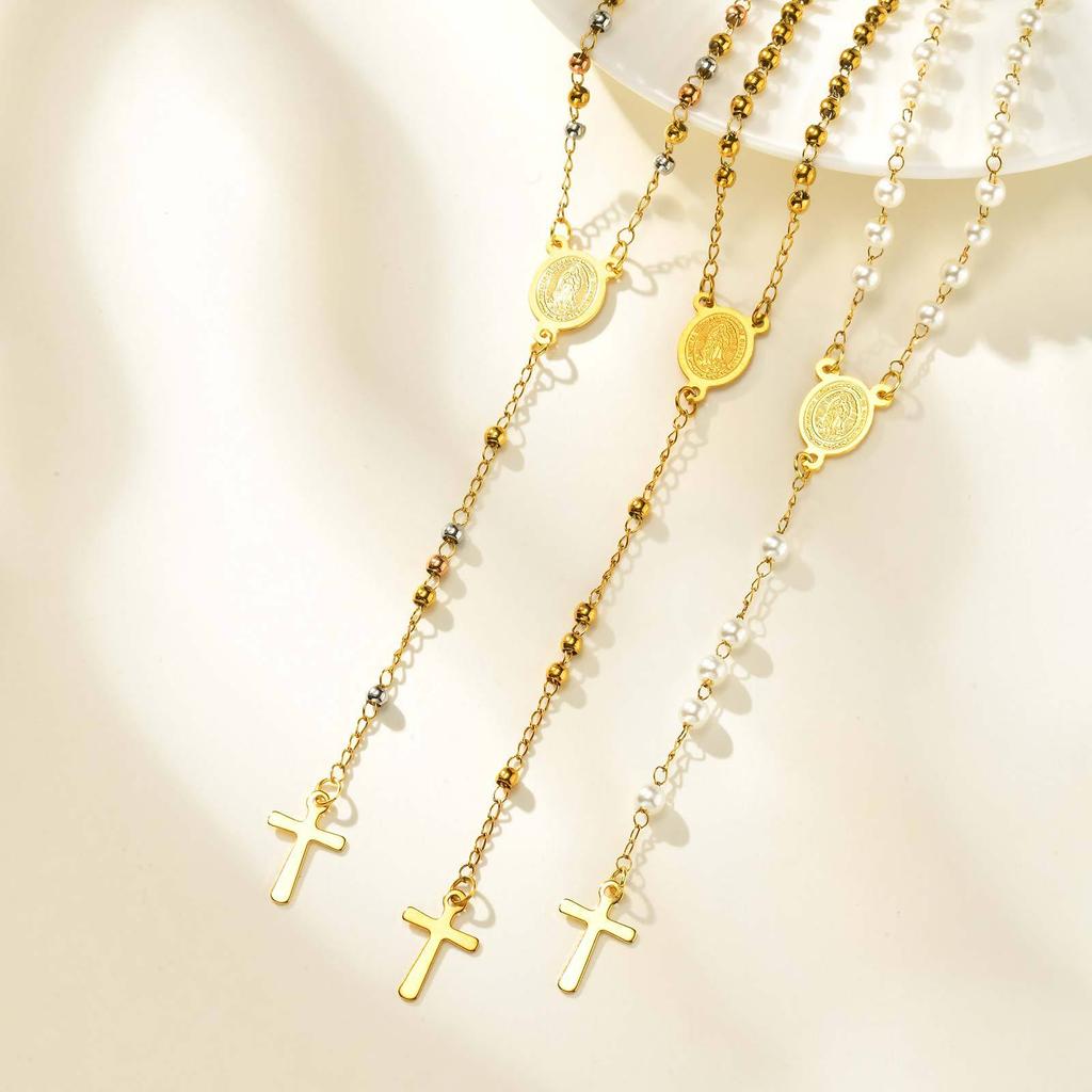 Vintage Temperament Collarbone Chain Stainless Steel Cross Notre Dame Beaded Y-Shaped Necklace Jewelry Nc-2104
