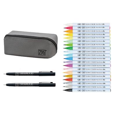 Caneta pincel Kuretake Clean Color Real Brush + MANGAKA com Estojo Conjunto RBCN160/22V