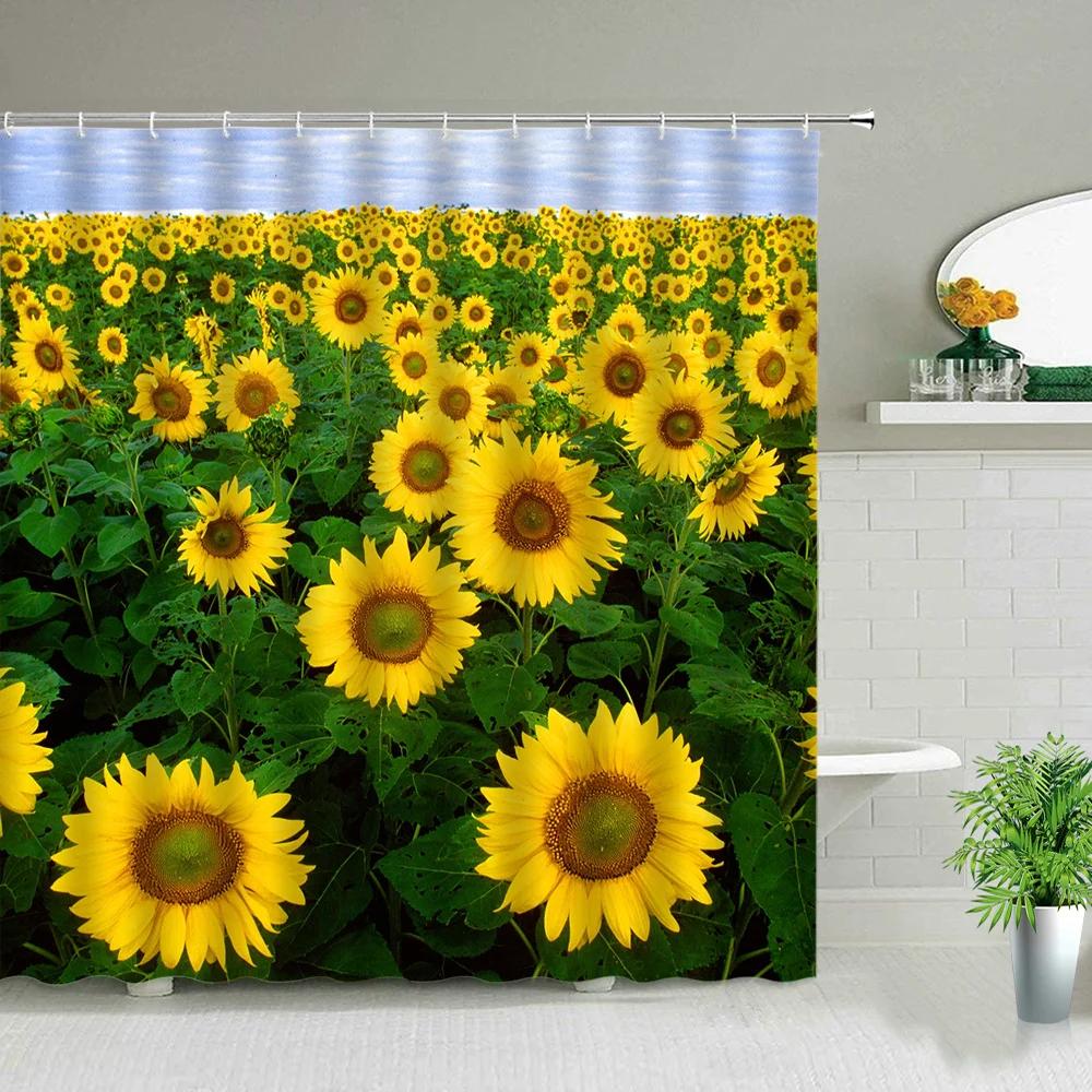 Flowers Shower Curtains Tulip Sunflower Rose Floral Plant Bathroom Scenery Bathroom Decor Polyester Fabric Bathtub Curtain Set