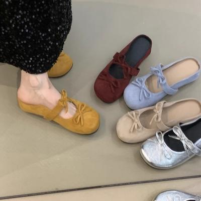 Gentle Bag Head Slippers New Temperament Elegant Bow Round Head Inner Height Lazy Half Drag