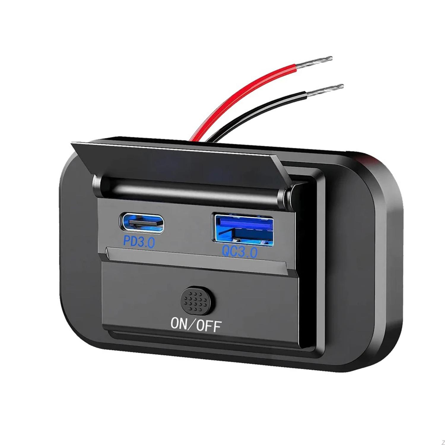 

Автомобильное зарядное устройство с двумя USB-портами 12 В, быстрая зарядка QC3.0 и порт PD, автомобильное зарядное гнездо с выключателем, автомобильный адаптер для телефона, водонепроницаемое быстрое зарядное устройство, розетка чёрный