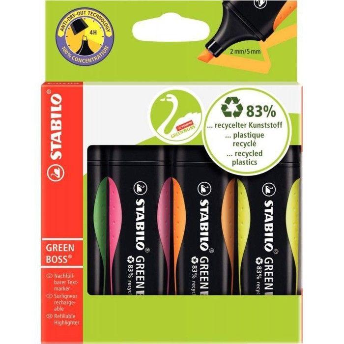 Surligneur - STABILO - GREEN BOSS - Lot De 4 - Éco-responsable - Rechargeable - Plastique Recyclé