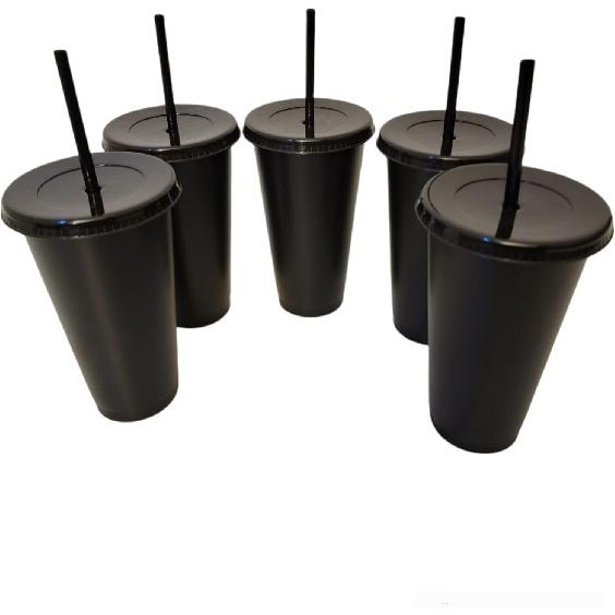 Matte Black Plastic Cups with Lids and Straws Reusable Tumbler Cold Cup | 24oz - 5 Pack | Customize & Personalize - Great for Iced Coffee, Travel,