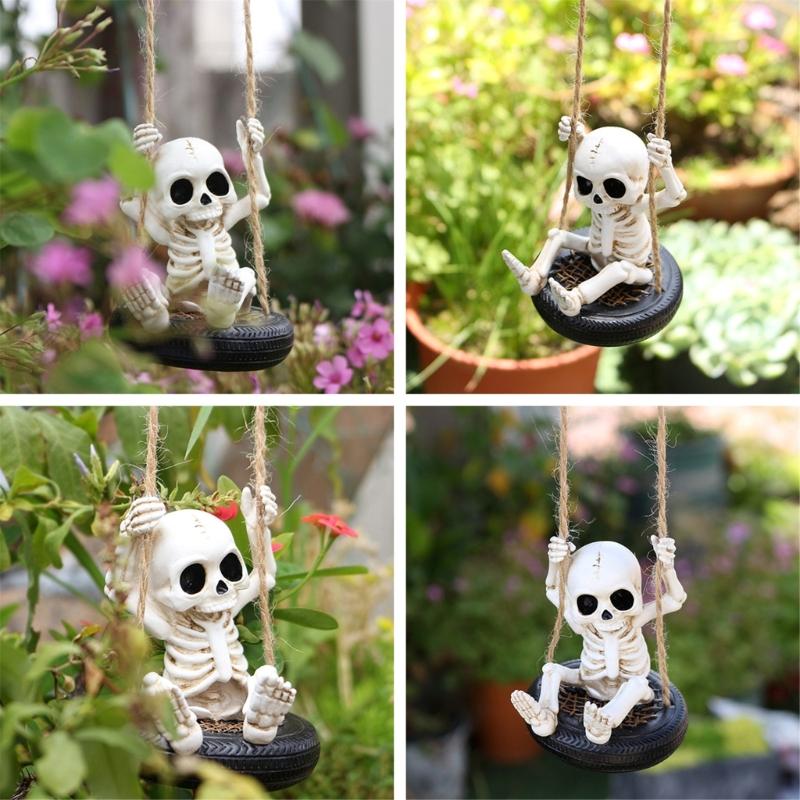 Scary Skeleton a Swing Hanging Statue Garden Decors Tire Swing Skull Sculptures Hanging Ornament for Patios Lawn Yard