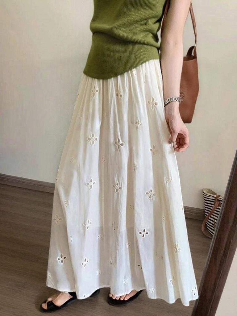 Elegant White Embroidered Flower Midi Skirt for Women - High Waist, Slimming, Long Draping Design