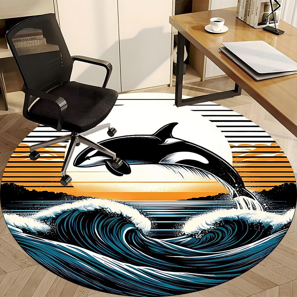 1pc Whale Waves Office Round Area Rug, Indoor Mat Suitable For Office, Under Office Chairs Bedroom Living Room Home Decor, Room Deco