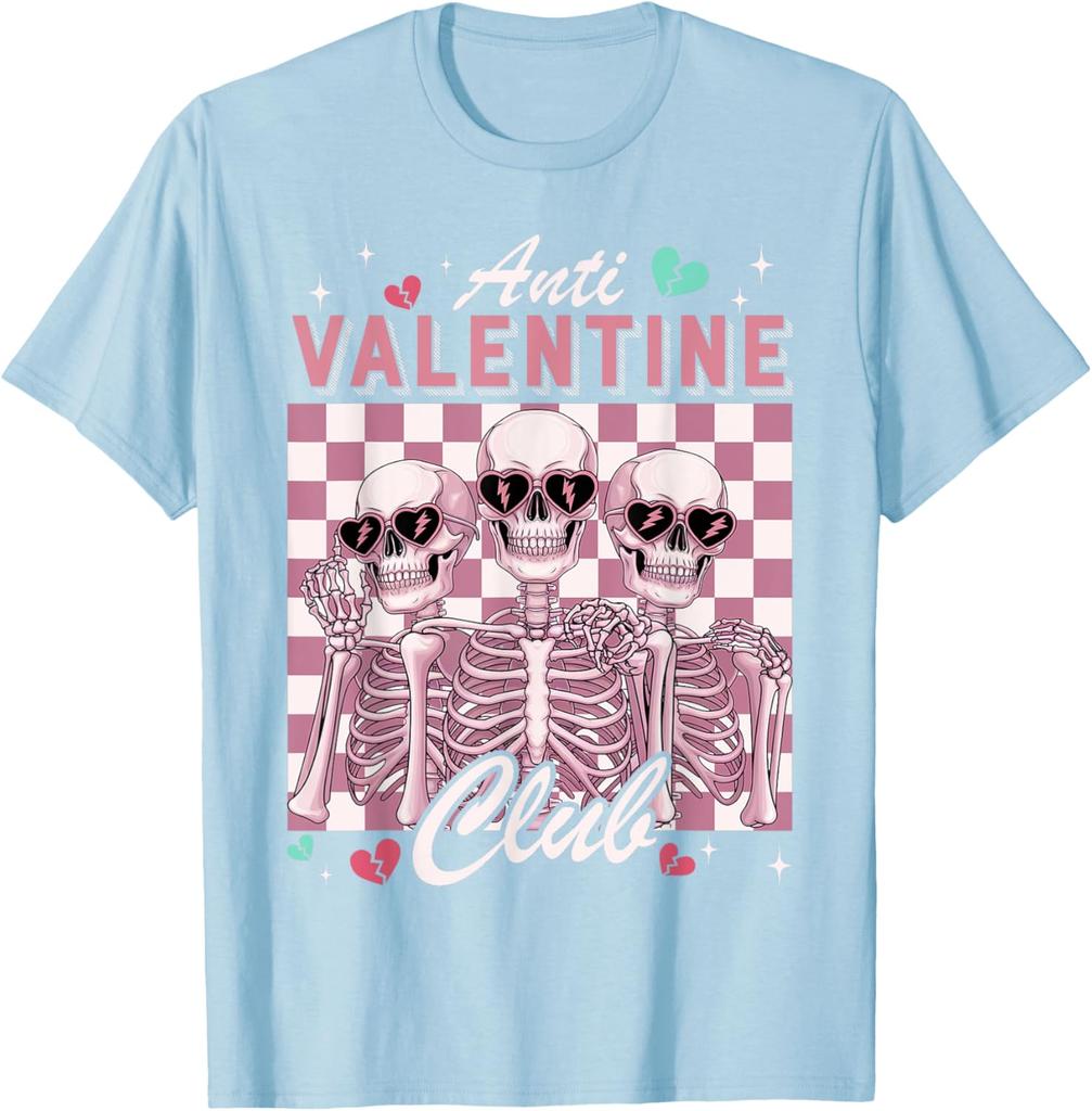 Anti-Valentinstag-Club-Skelett-Grafik-T-Shirt, lustiges Single-Day-Freizeit-Rundhals-T-Shirt für Männer und Frauen