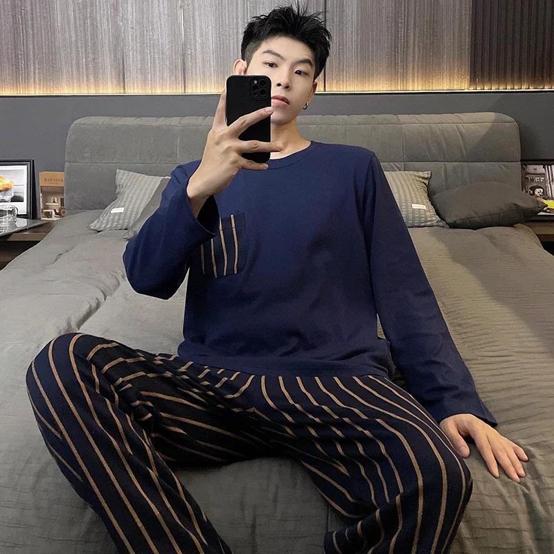 Bumbac Pulover Bărbați Pijamale Toamnă Primăvară Mâneci Lungi Articole de Noapte Set Pijama 2 Piese Bărbați