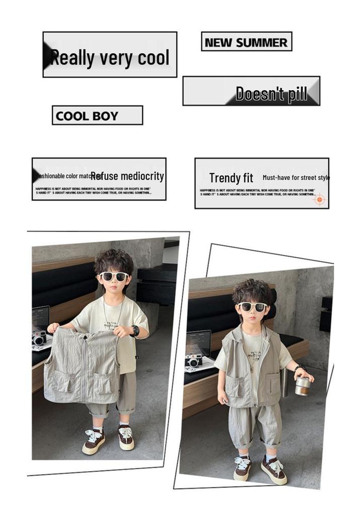 Boys' Summer Fashion Workwear Hooded Vest & Shorts Set, 2026