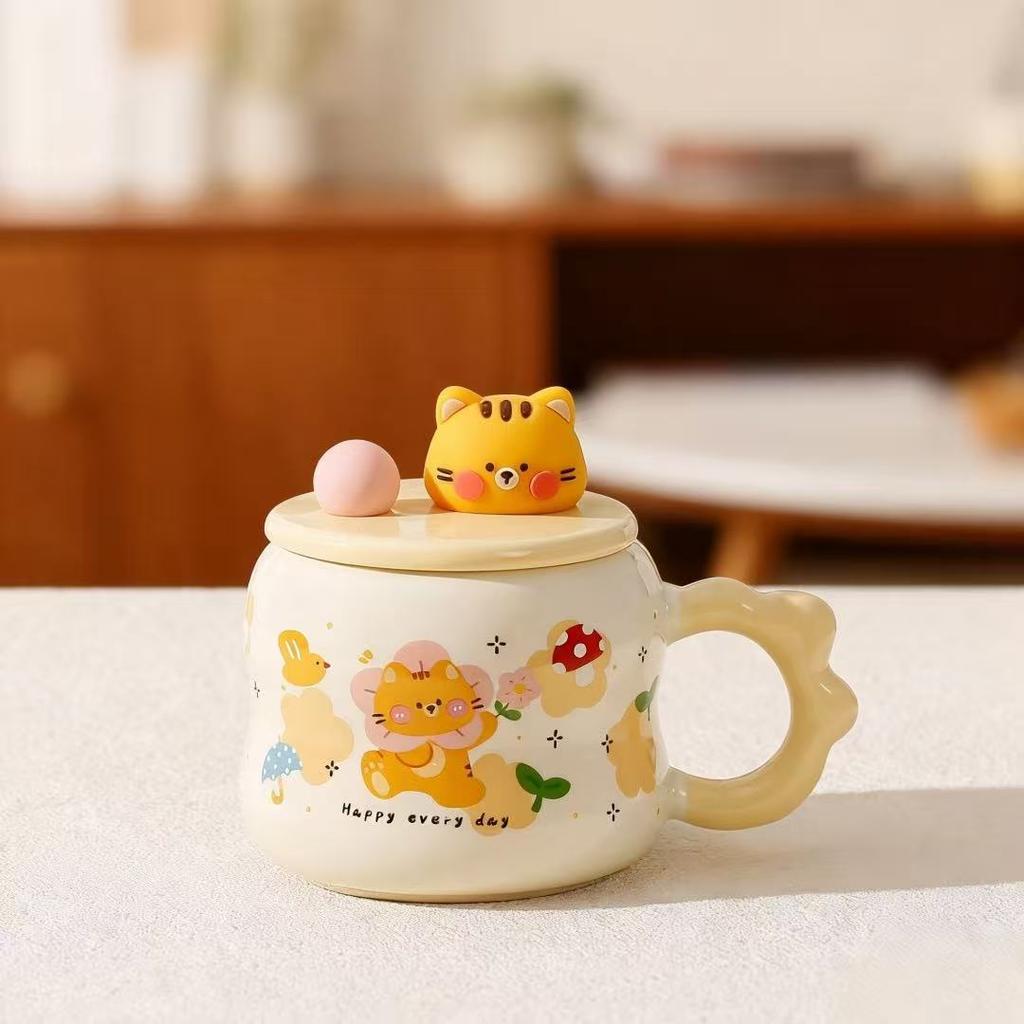 Cartoon animal mug with lid cute set ceramic mug home office gift water cup girl