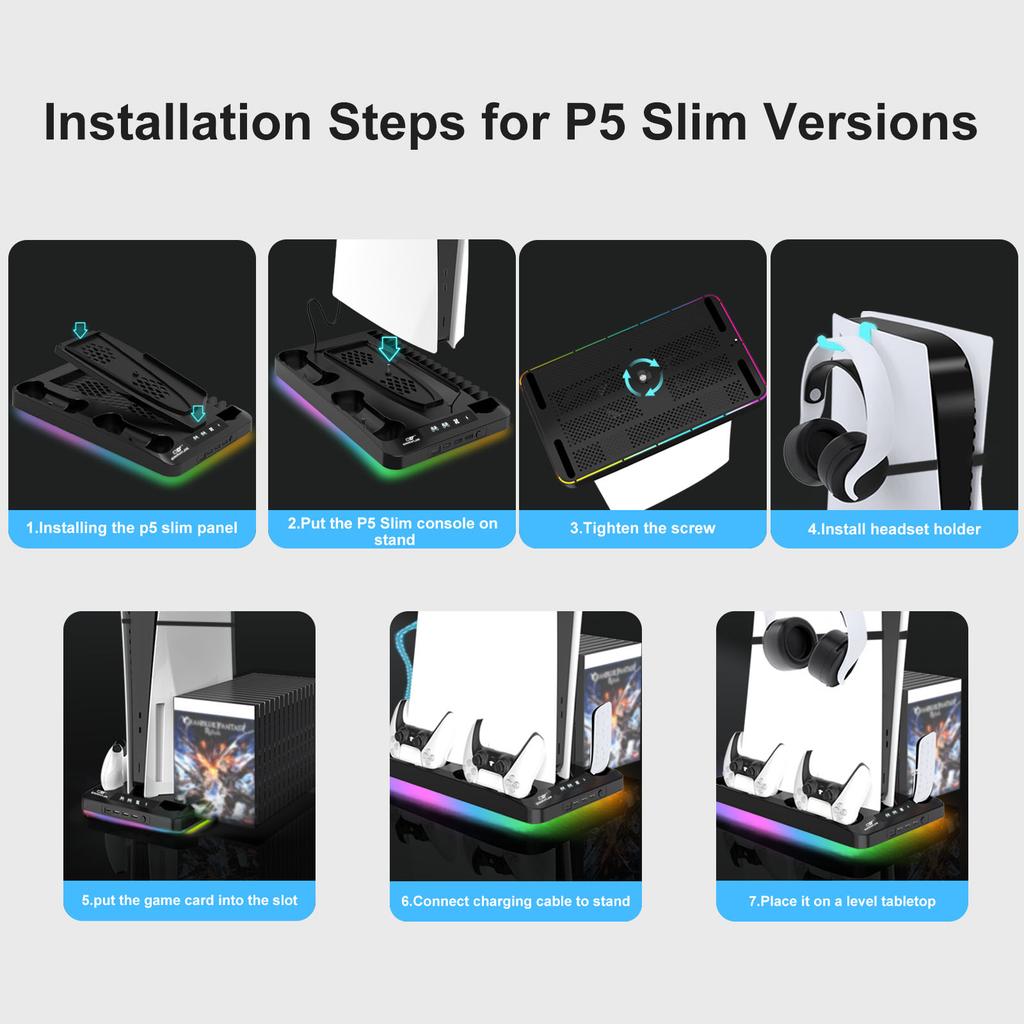 Cooling Stand for PS5/PS5 Slim/PS5 Pro with Headphone Hook and 3-Level Cooling Fan Controller Charging Station Gaming Consoles