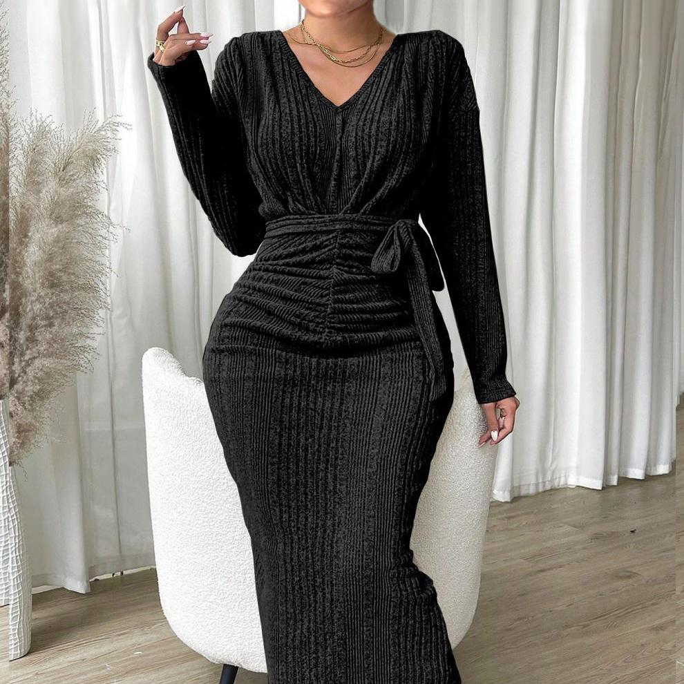 

Осенне-зимнее женское платье-пуловер с v-образным вырезом, длинными рукавами и высокой талией, вязаным поясом и шнуровкой S чёрный