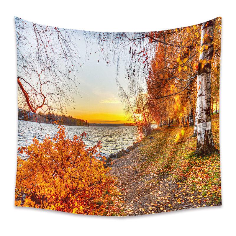 Autumn Yellow Forest Stream Landscape Print Pattern Tapestry Home Living Room Bedroom Wall Decor Background Cloth Tapestry