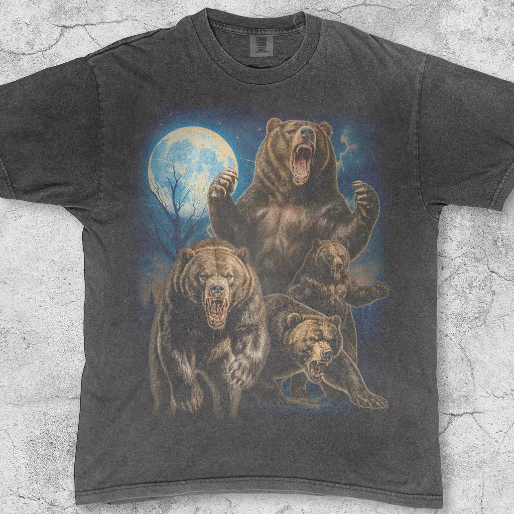 Roaring Grizzly Bears Moon T-Shirt, Retro Animal Graphic Tee, Wild Bear Family Nature Shirt, 90s Style Forest Wildlife Art Unisex Gift