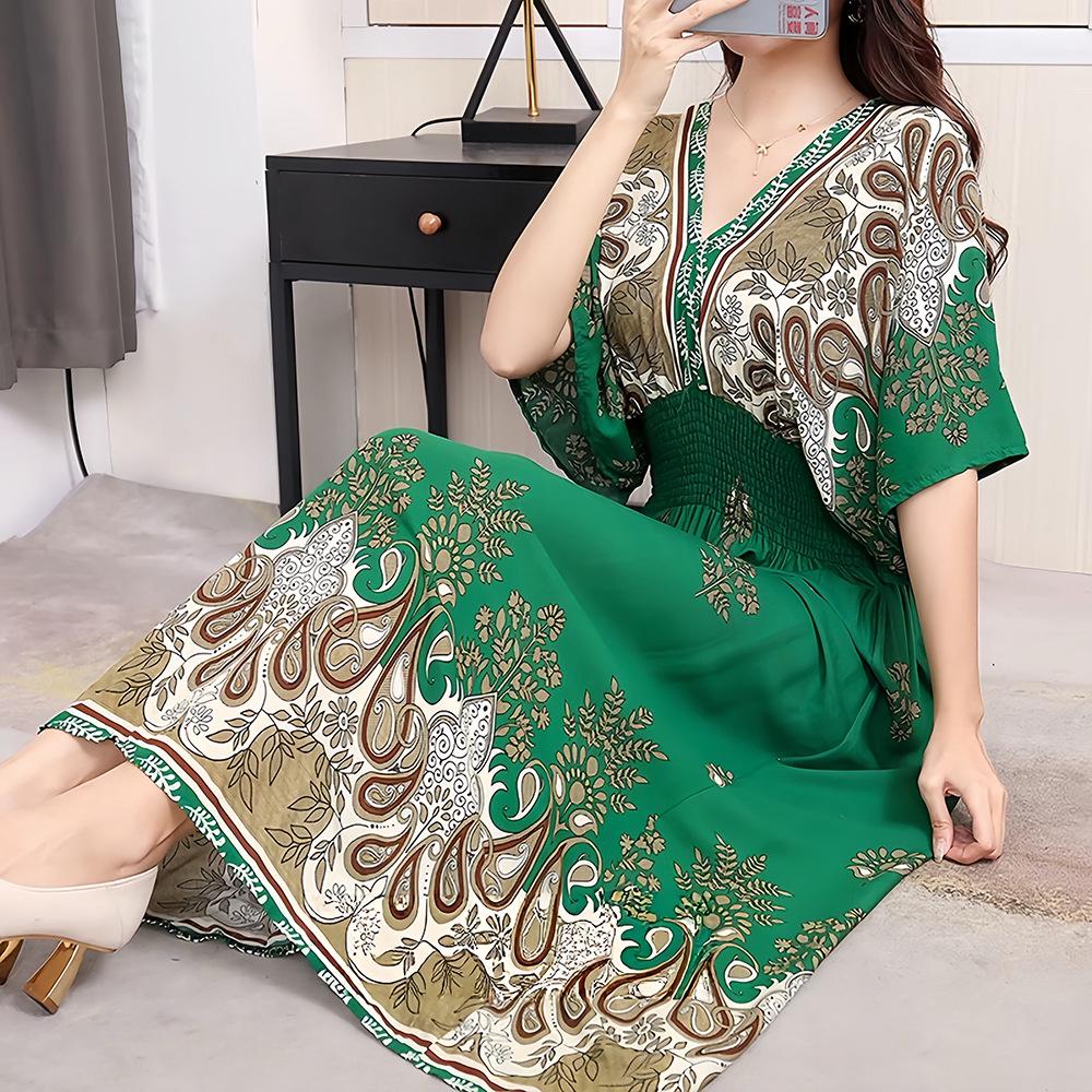 26-Year Floral V-Neck Cotton Silk Batwing Sleeve Beach Dress - Thailand Travel & Vacation Skirt Style