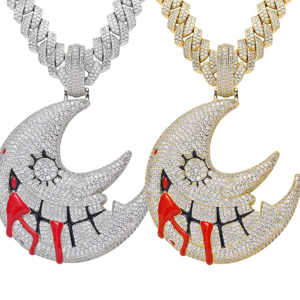 European & American Moon Pendant: Gold-Plated, Zirconia, Exaggerated Cuban Chain