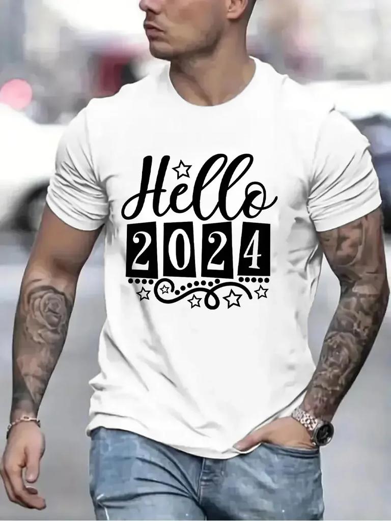 Hallo 2024 Herren Marken T-Shirts Lustig Frohes Neues Jahr 2024 Grafik Hip Hop Damen Herren T-Shirts Streetwear Ulzzang Harajuku T-Shirt