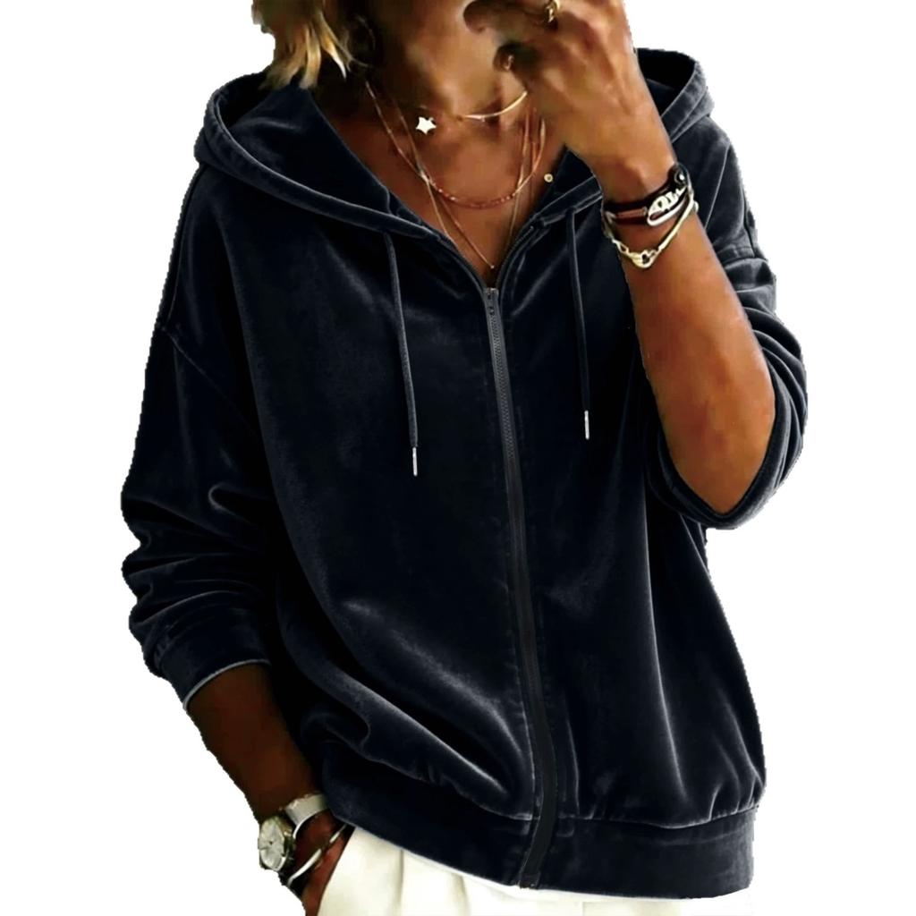 New European and American Casual Solid Color Velvet Drawstring Hooded Zipper Long-sleeved Women's Sweater