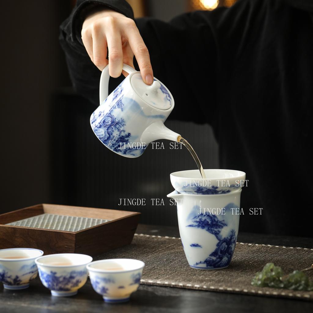 Blue and White Landscape Teapot Ceramic Underglaze Colored Teapot Kungfu Tea Set Small Capacity Teapot Tea Ceremony Accessories