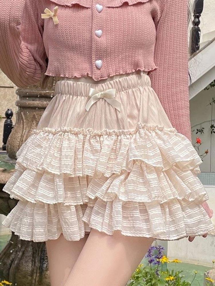 

Мини-юбка в стиле Лолита с бантом для женщин, милая, с оборками, юбка-торт, кружевная, эластичная, на талии, повседневная одежда в японском стиле XL абрикосовый