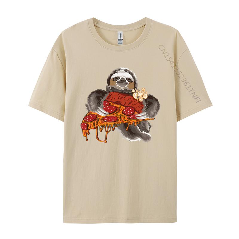 Sloth Holding Pepperoni Pizza Funny TShirt Tee Top Camisas Men Casual Clothing Gift Newest Tshirt Streetwear