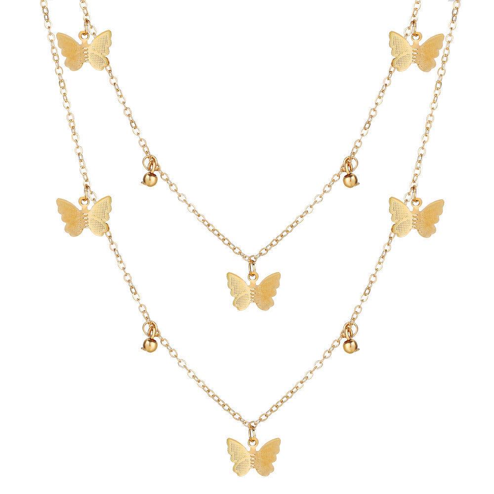 C102 Ins Minimalist Style Personality Double Layer Butterfly Necklace Butterfly Pendant Multi-layer Necklace