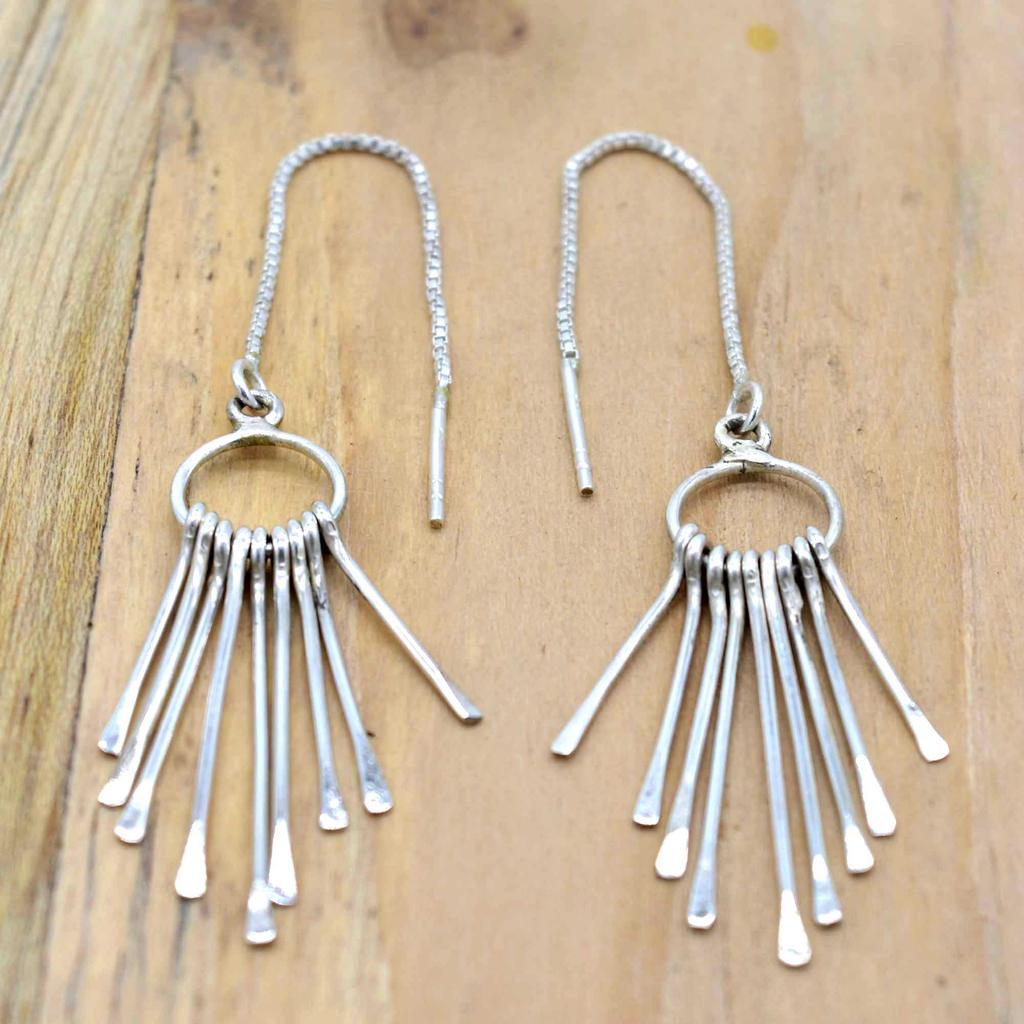 Tassel Drop Dangle 925 Silver Women Earrings, Fringe Ethnic Handmade Threader Earrings