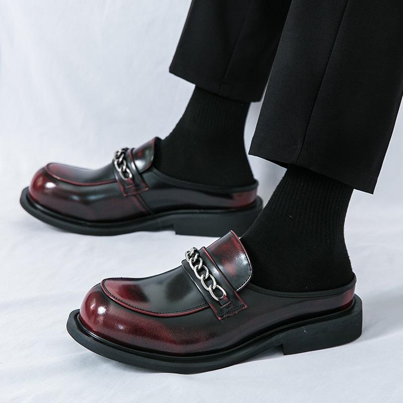 Fashion Fashion New Men's Punk Metal Chain Half Slippers Driving Shoes Male Casual Mules Moccasins Breathable Loafers Zapatos Hombre