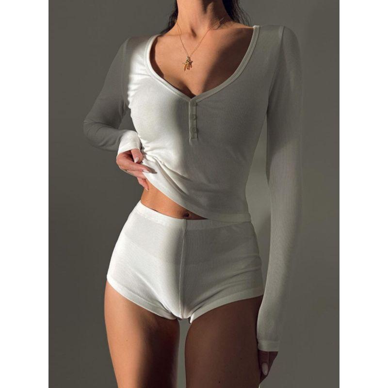 Fashion Style Athleisure Two-piece Set Button Half-Open Collar Slim Long Sleeve Top Sexy Shorts Fashion Suit Female