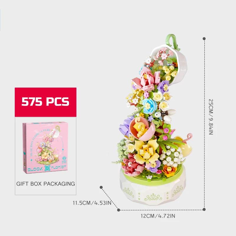 SEMBO 575pcs Block Florist Series Light Music Box Building Blocks DIY Teacups Flower Romantic Model Holiday Gifts Toys For Girls