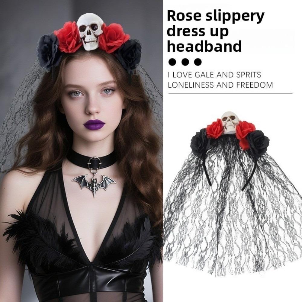 Lace Rose Skull Hair Band Black Cosplay Headdress Funny Halloween Headband  Prop