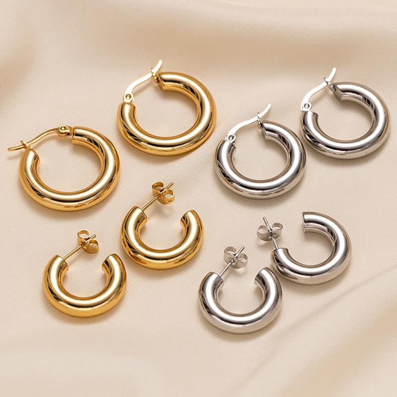 Classic Vintage Smooth Round C Shape Hoop Earrings Women 5mm Thick Stainless Steel Huggie Stud Earrings Circle Fashion Jewelry