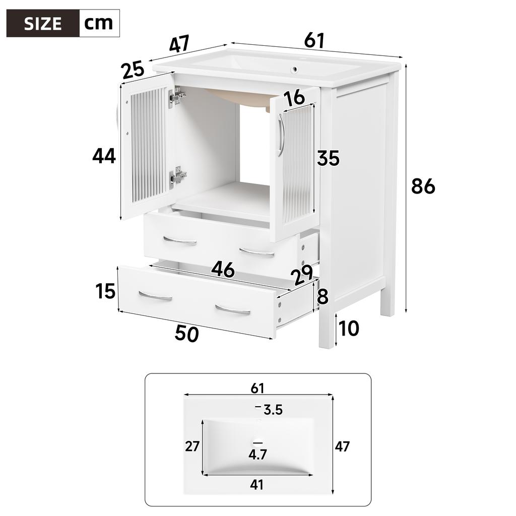 61 Cm Freestanding Vanity Unit In High-Gloss White with Ceramic Sink, Fluted Glass Doors, Storage Drawers, Silver Handles, Without Tap
