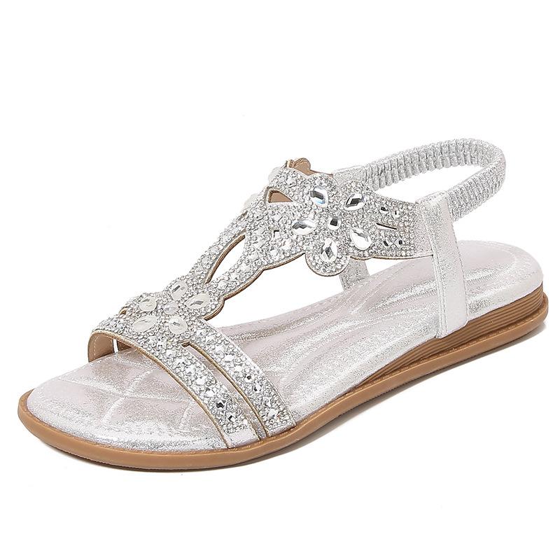 Damen Sandalen mit offener Spitze, große Sandalen mit flachem Boden und Strasssteinen