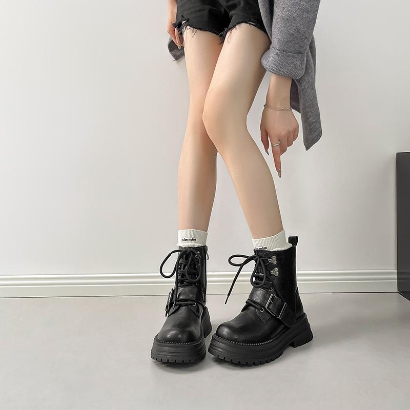

Cowhide~ British Martin boots autumn and winter new polished thick-soled lace-up tooling belt buckle short boots women s locomotive boots 35