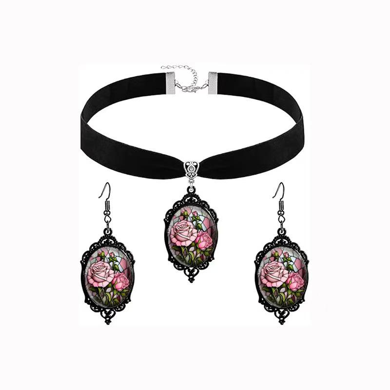 Retro Oil Painting Rose Floral Necklace & Earring Set