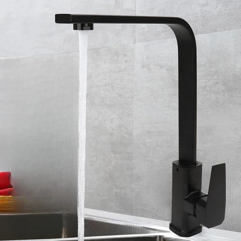 Square Kitchen Faucets 360 Degree Rotation Hot and Cold Water Taps Deck Mounted Mixer Tap Stainless Steel for Household Basin