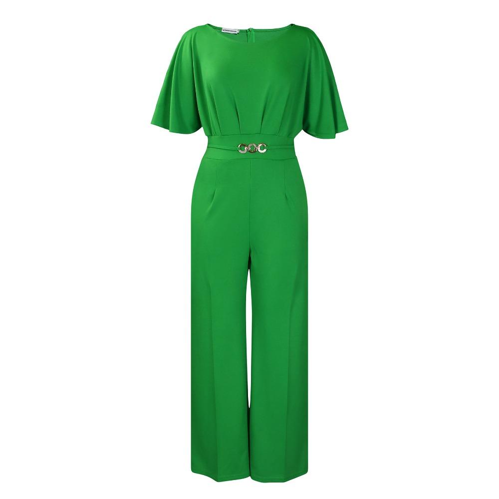 Women s Round Neck Short Flutter Sleeve Jumpsuit Loose High Waist Elegant Wide Leg Jumpsuit Solid Color Office Commute Outfit S зелёный