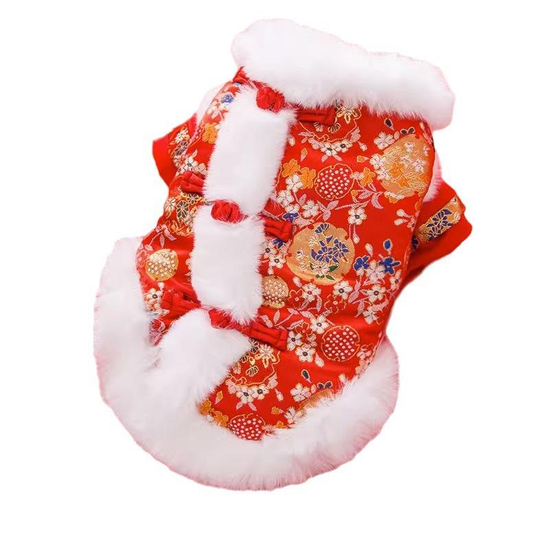 Dog Hundred Flowers Golden Silk Two-legged Cotton-padded Clothes Medium and Small Dog Teddy Chinese New Year Festive Autumn and Winter Pet Dog Clothes